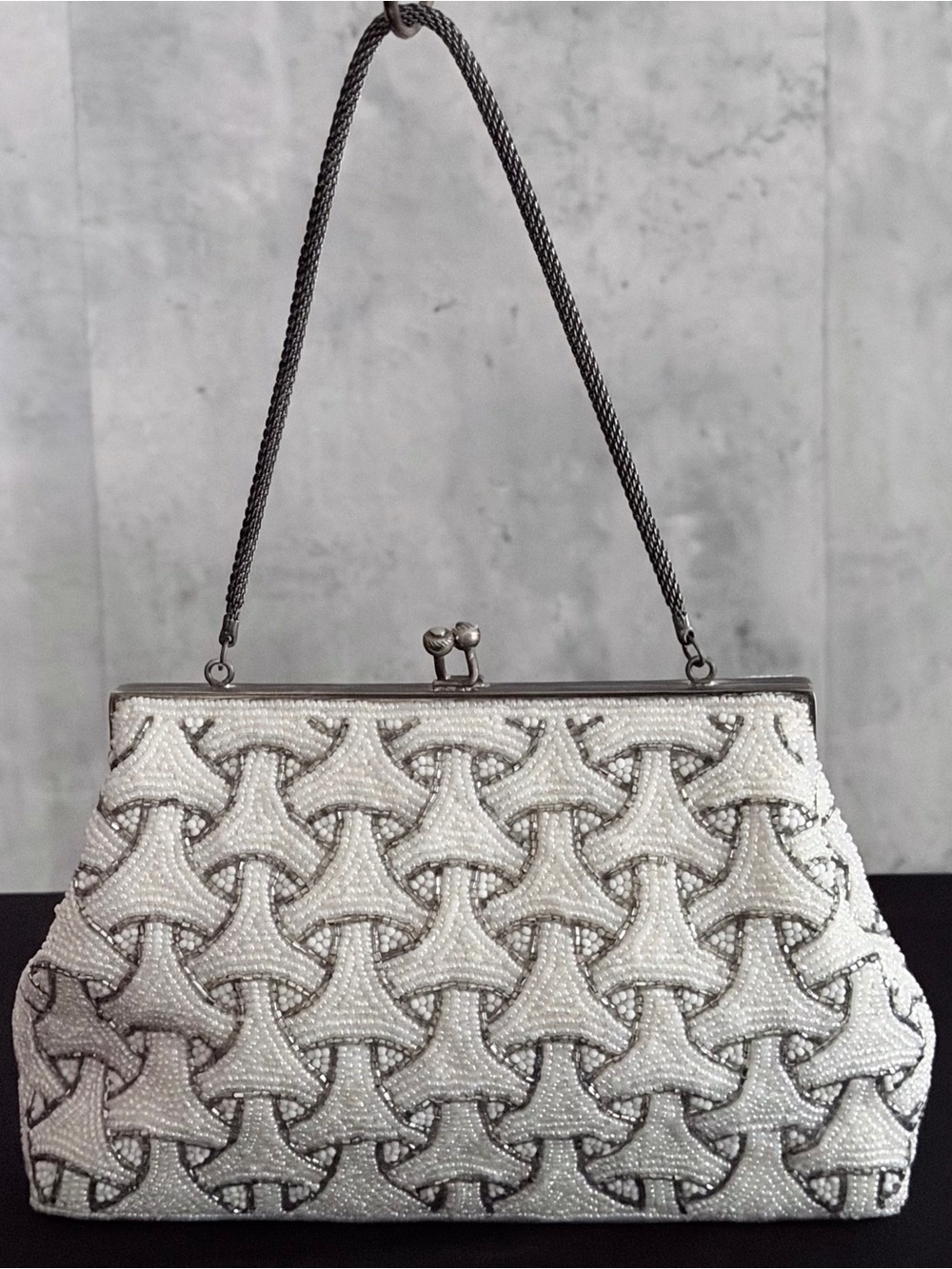 VTG Beaded Clutch Evening Bag Off Wht Silver Geometric Art Deco Purse Chain Str